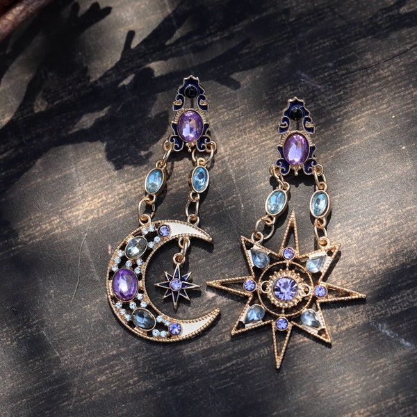 Boucles d'oreilles CLIP ON NON Percées Pinces Pendante Doré Art Déco Asymétrique Lune Etoile Large Arc-en-Ciel Violet Bleu Vintage Style