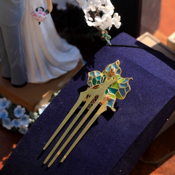 Elegant Antique 1900\'s Green Hair Comb with Blue Accents Antique Victorian Revival Hair Comb With Green and Blue  main image 4