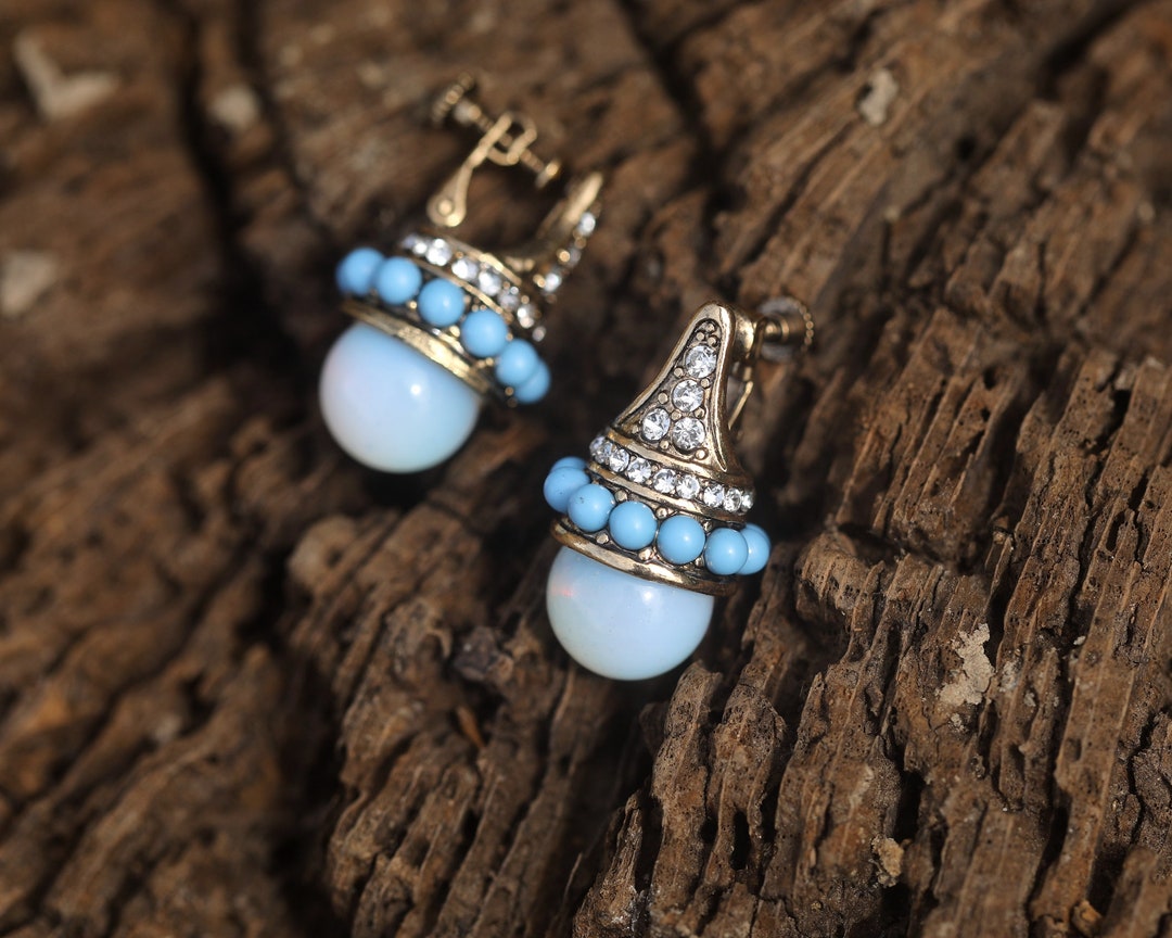 Boucles D'oreilles Clip Doré Antique Avec Perle Blanche Et Turquoise - Sans Perçage