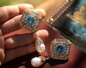 Boucles d'oreilles CLIP ON NON Percées Pinces Pendante Doré Art Déco Losange Bleu Fasse Perle Baroque Simple Mariage Vintage Style