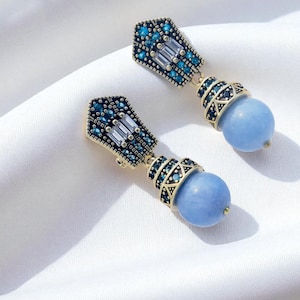 Stunning Matte Gold Clip on Art Deco Sleeper Earrings Set with CZ Turquoise Aquamarine Pearl Pale Green Jade Vintage Style 1920s