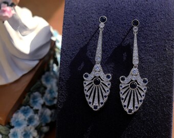 Pendientes Art Déco con clip en abanico con circonita cúbica y zafiro azul, estilo vintage de los años 20, boda, gran Gatsby, chapado en rodio claro