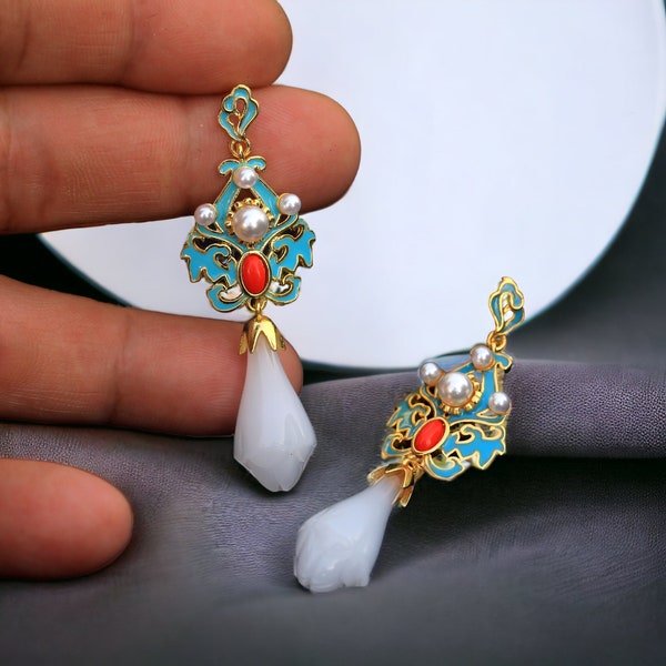 Boucles d'oreilles CLIP ON NON Percées Pinces Pendante Doré Art Nouveau Email Turquoise Fausse Perle Fleur Tulipe en Verre Vintage Style