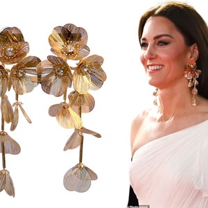 CLIP ON NON Pierced Earrings Dangling Gold Large Long Chandelier Floral Metallic Fine Lace Vintage Princess Kate Style