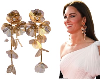 CLIP ON NON Pierced Dangle Earrings Gold Large Long Chandelier Floral Metallic Fine Lace Vintage Princess Kate Style