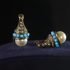 Art Deco Clip on Screw Back Earrings NON Pierced Gold Faux White Pearl 12mm Mini Turquoise Pearl Syn. Blue Vintage Style Gold Plated