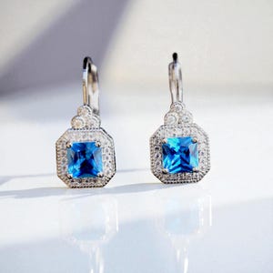 Stunning Art Deco Sleeper Earrings Antique Gold Silver Small Square Set with Blue CZ White Sapphire Vintage Style 1920s Lightweight