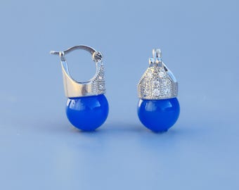 Art Deco Earrings Silver Gold Sleeper Lever Back Blue Agate Bead Simple Elegant 12mm Wedding Vintage Style