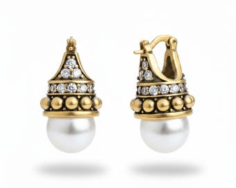 Art Deco Sleeper Earrings, Antique Gold and Silver Finish, Faux White Pearl, Mini Gold Pearl, Set with CZs, Vintage Style, 1920s Wedding