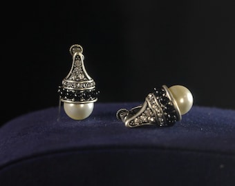 Boucles d'oreilles Art Déco CLIP on à vis NON Percée Argenté Fausse Perle Blanche 12mm Mini Perle Noir  Vintage Style Mariage