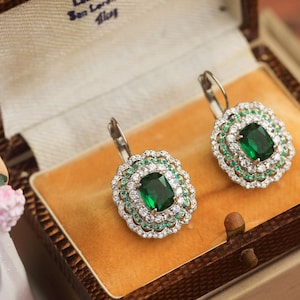 Art-Deco-Schlafohrringe, Silber, oval, florales Set mit smaragdgrünem CZ, blauem Saphir, einzigartiger Vintage-Stil, Hochzeit der 1920er Jahre