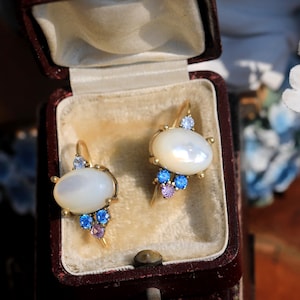 Stunning Edwardian Gold Plated Old Matte CZ Blue Pink Mother of Pearl White Chalcedony Oceanic Oval Vintage Style Sleeper Earrings