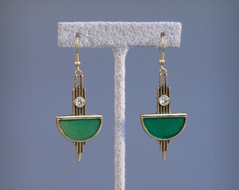 Art Deco haak clip oorbellen rechthoek halve cirkel zetting zirkonia wit groene agaat vintage stijl bruiloft lichtgewicht verguld