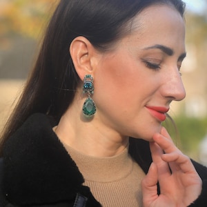 Clip-on Earrings Non-pierced Clip-on Dangle Earrings Pavé Rhinestone Turquoise Pearl Glass Drop Emerald Green Vintage Style
