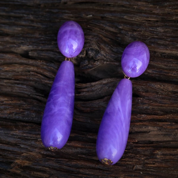 Boucles d'oreilles CLIP ON NON Percées Pinces Pendante Doré Art Déco Ovale Goutte Long Résine Motif Jade Violet Simple Mariage Vintage Style