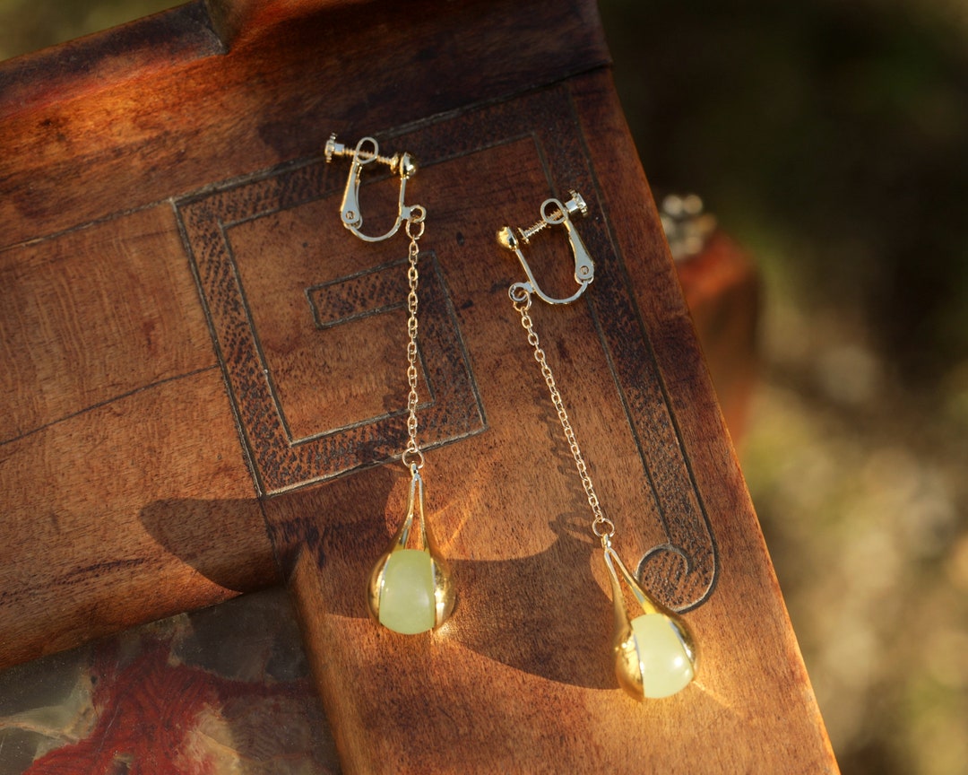 Boucles D'Oreilles Clip NON Percées - Pendantes Corail Émail Rouge & Jade Vert - Fait Main - DZ1