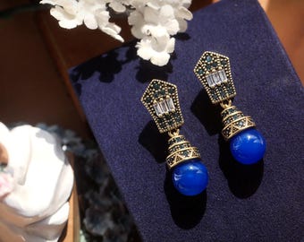 Prachtige matte gouden clip-on Art Deco Sleeper oorbellen set met CZ turquoise parel blauwe agaat imitatieparel vintage stijl jaren 20