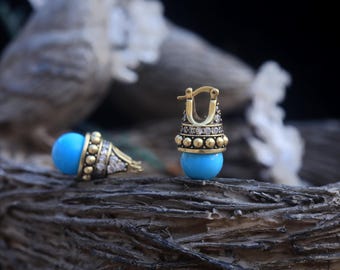 Art Deco Goldfarbene Ohrstecker mit antikisierter Glastürkisperle, 12 mm, Mini-Perlen, Set mit Zirkonia, Vintage-Hochzeitsstil, 1920er Jahre