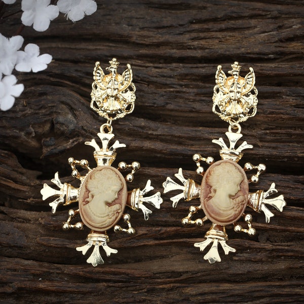 Boucles d'oreilles CLIP ON NON Percée Pinces Pendante Doré Matt lange Kronleuchter Couronne Camée Perle Goutte Vintage Stil 1920er Jahre