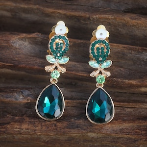 EARRINGs CLIP ON NO Breakthroughs Pendant Golden Art Deco Chandelier Sheet Tear Crystal Green Emerald Great Gatsby 1920S Wedding