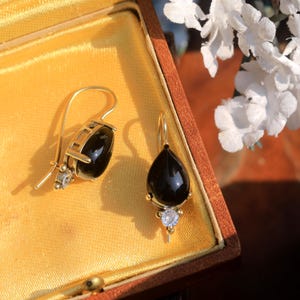 Edwardian Gold Plated Old Matte White CZ Drop Earrings Black Onyx Blue Agate Vintage Style