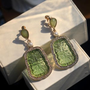 CLIP ON NON Pierced Earrings Screw Clip Dangle Rhinestone Rectangle Resin Pattern Jade Light Green Faux Pearl White Vintage Style