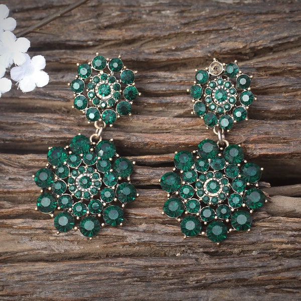 Boucles d'oreilles Art Déco CLIP su NON Percée Doré Deux Gros Rond Floral Cristal Vert Emeraude Great Gatsby Goutte Vintage Style Mariage