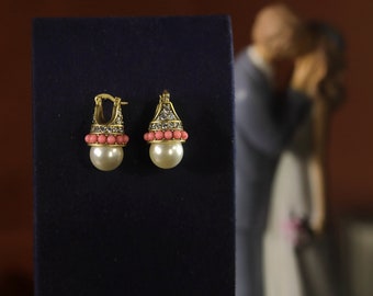 Vergoldete Ohrringe im Art-Deco-Stil, antike Kunstperle, weiß, 12 mm, Mini-Perle, rosa, Vintage-Stil