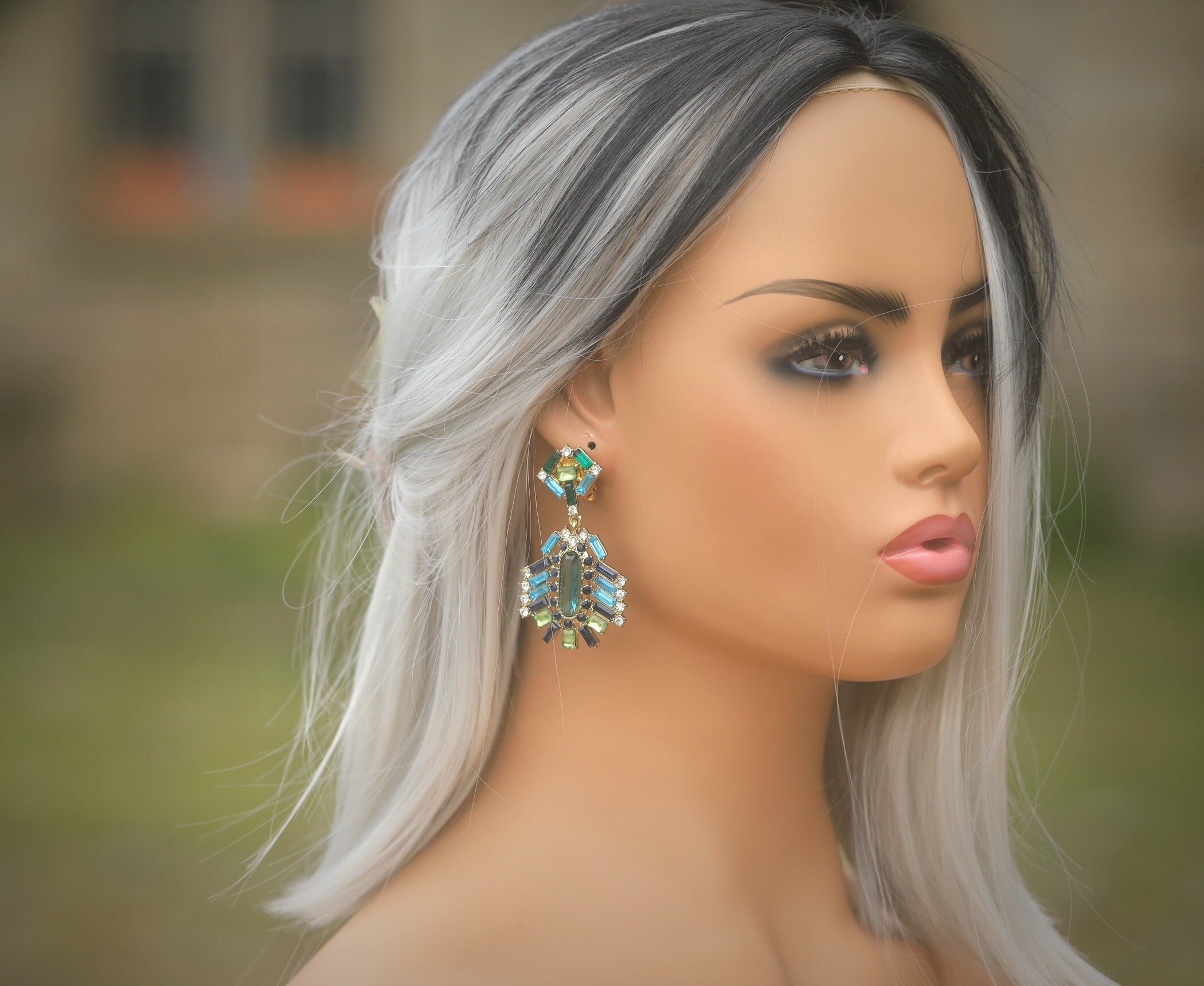 Boucles D'oreilles Clip Chandelier Art Déco - CZ Vert, Non Percées, Neuves (sans Boîte)
