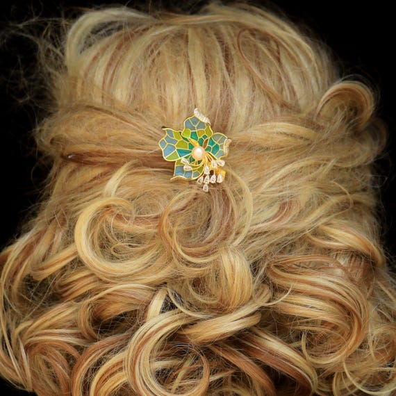 Art Deco Gold Tone Hair Comb Green Blue Enamel Flower With  display picture 3