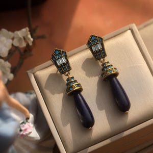Superb Gold Clip on Art Deco Rhinestone Turquoise Drop Lapis Blue Vintage Style 1920s Great Gatsby Earrings