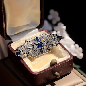 Stunning Art Deco Brooch Silver Gold Geometric Rectangle Oval Rhinestone Baguette White Navy Blue Great Gatsby 1920s Vintage Style Wedding