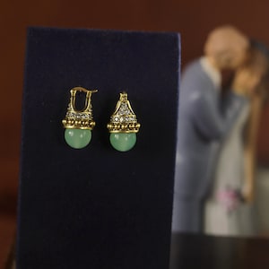 Art Deco Stud Earrings Antique Gold Tone Set with Pale Green Jade CZ 12mm Mini Pearl Vintage Style Gold Plated