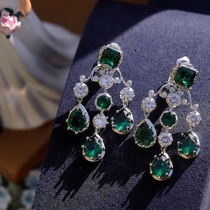 Belle Epoque Earrings CLIP on NON Pierced Dangling Clips Large Chandelier Set with Emerald Green CZ Faceted Vintage Wedding Style