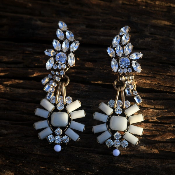 Boucles d'oreilles CLIP ON NON Percées Pinces Pendante Doré Art Déco Gros Goutte Bleu Tassel Cristal Mariage Vintage Style