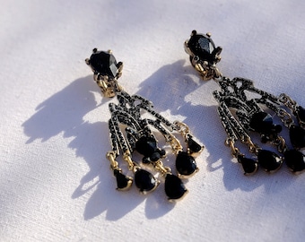 Boucles d'oreilles CLIP ON NON Percées Pinces Pendantes Doré Art Déco Chandelier Strass Noir Mariage Vintage Style 1920s