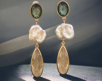 CLIP ON NON Pierced Dangle Earrings Golden Oval Green Blue White Cultured Pearl Baroque Genuine Crystal Drop Vintage Style