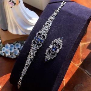 Stunning Art Deco Silver Geometric Floral Lace Rhinestone Navy Blue Bracelet & Brooch Set Great Gatsby 1920s Vintage Style Wedding