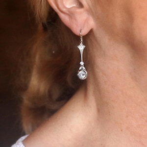 Superb Belle Epoque Earrings Antiqued Matte Gold Silver Sleeper Set with White CZ Long Thin Leaf Vintage Style 1900s Lightweight