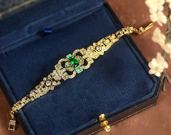 Stunning Antique Gold Art Deco Bracelet Geometric Floral Emerald Green Rhinestone Lace Wedding Vintage Style 1920s Great Gatsby