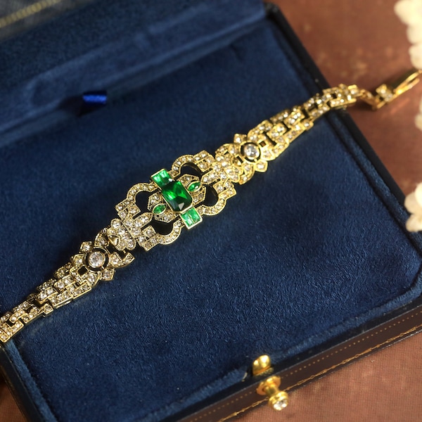 Superbe Bracelet Art Déco Doré Antique Géométrique Floral Strass Vert Emeraude Dentelle Mariage vintage Style 1920s Great Gatsby