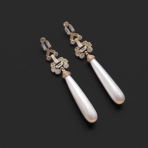 Art Deco Clip on Earrings Non Pierced CZ Setting Beautiful Faux Pearl Long White Drop Vintage Style 1920s Wedding Rhodium Plated