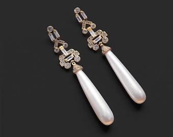 Art Deco Clip-on Oorbellen Zonder Doorboorde CZ-zetting Prachtige Kunstparel Lange Witte Druppel Vintage Stijl Bruiloft Jaren 20 Rhodium Plated