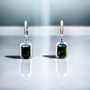 Dormeuses Ohrringe CLIP On NON Pierced Clamp Anhänger Silber CZ Rechteck Zweifarbig Smaragdgrün Marineblau Hochzeit Great Gatsby