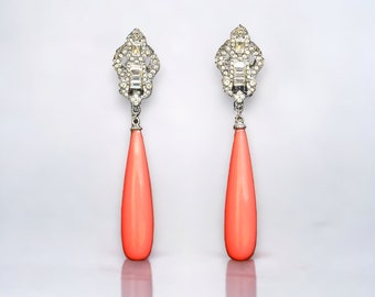 Magníficos pendientes Dormeuse CLIP en encaje plateado NO perforado Gran Gatsby Drop Long Coral Pink 1920s Vintage Old Style