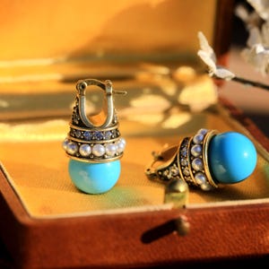 Byzantine Gold Tone Antiqued Blue Turquoise Glass Bead 12mm Mini White Faux Pearl CZ Setting Vintage 1920s Style Stud Earrings