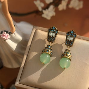 Superb Gold Matte Clip on Art Deco Sleeper Earrings Turquoise Rhinestone Pale Green Jade Pearl Faux Pearl Vintage 1920s Style