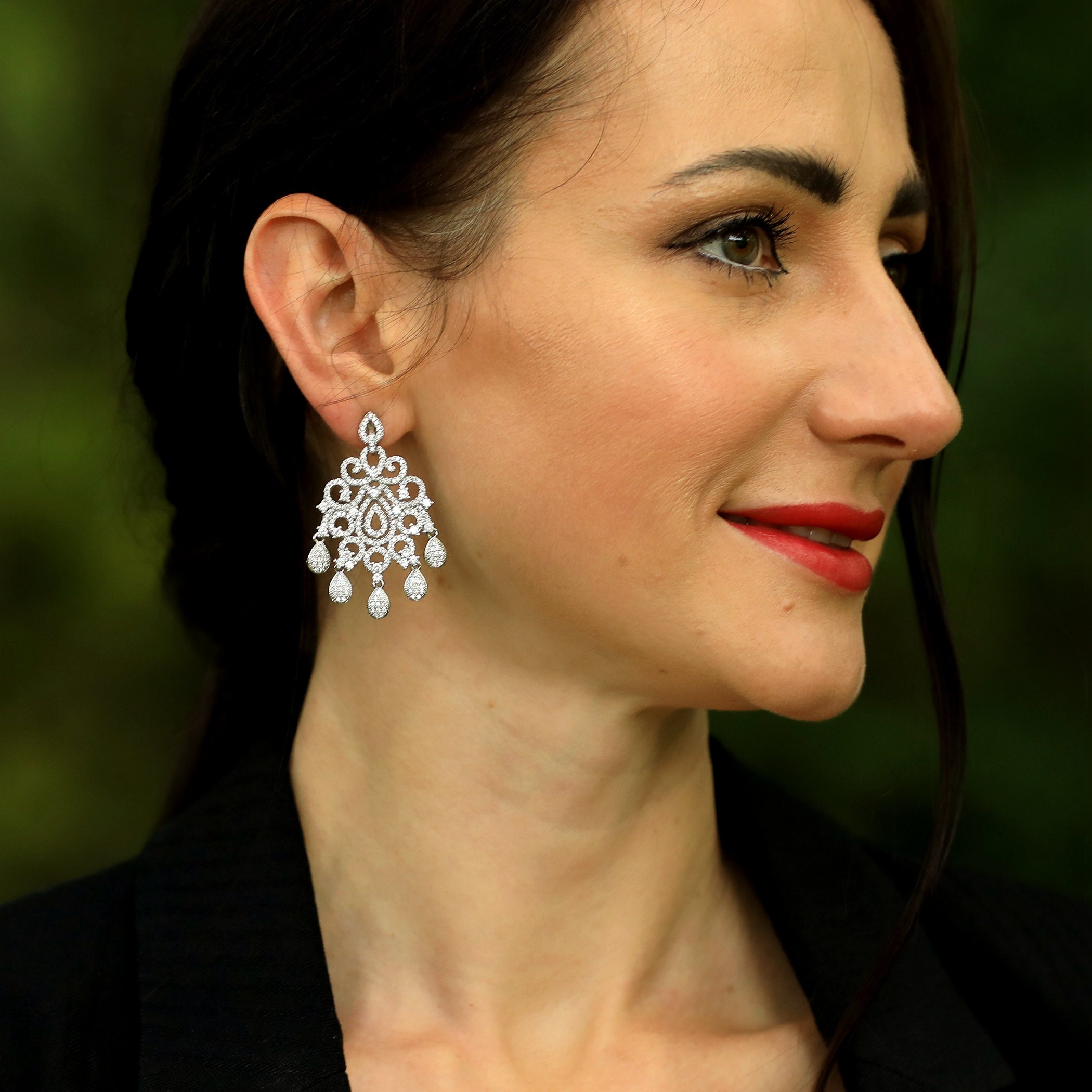 Boucles D'oreilles Clip Argenté Avec Pendentif CZ Chandelier - Blanc - Fait Main