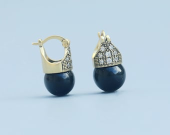 Stunning Art Deco Earrings Silver Gold Sleeper Lever Back Black Onyx Pearl Simple Elegant 12mm Wedding Vintage Style