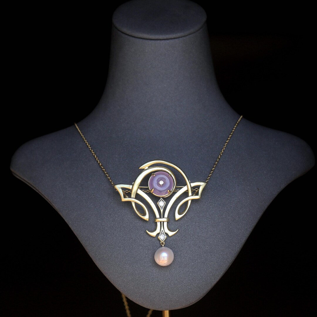 Collier Pendentif & Broche Doré Donut En Calcédoine Violet - Style Art Nouveau, Neuf Sans Emballage, Pour Femme